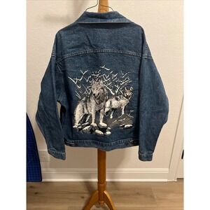 Vintage International Denim Wolf Graphic Trucker Jacket Mens Large Blue 90s